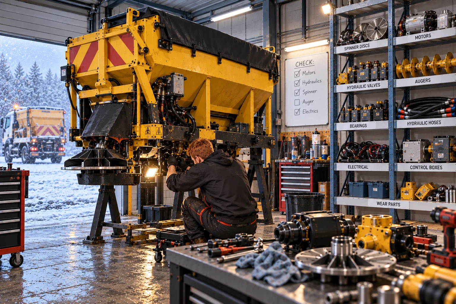 An engineer repairing a large yellow gritter in a workshop lined with labelled parts shelving, snow falling outside