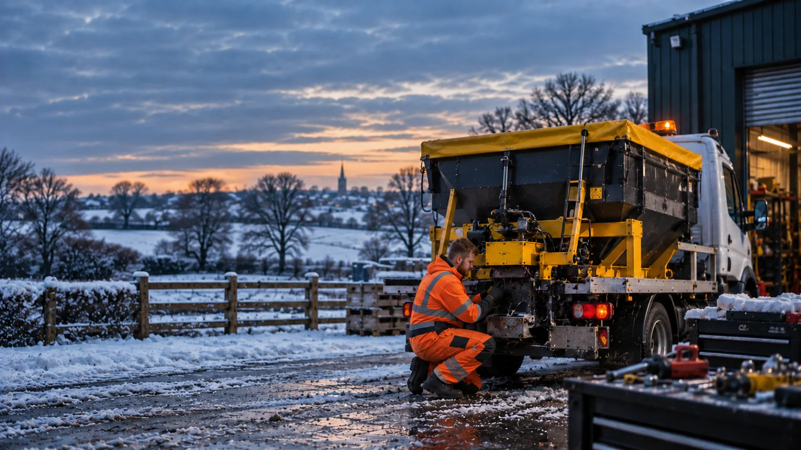 An engineer kneeling to work on a gritter at dusk, snowy fields and a village spire behind