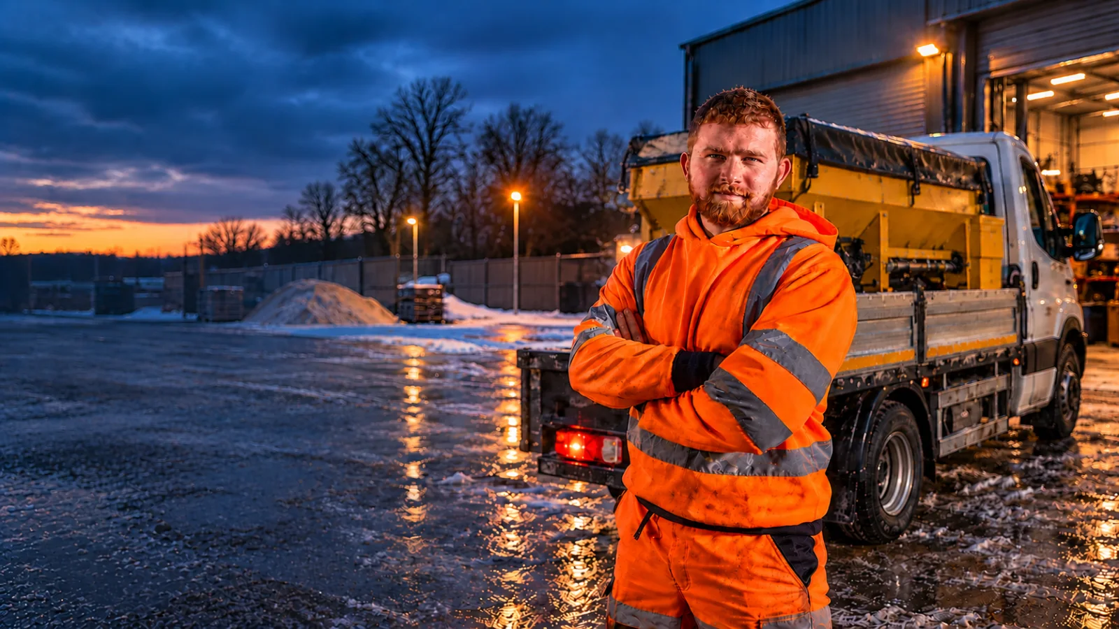 Henry in hi-vis, arms folded, in front of a gritter lorry at dusk