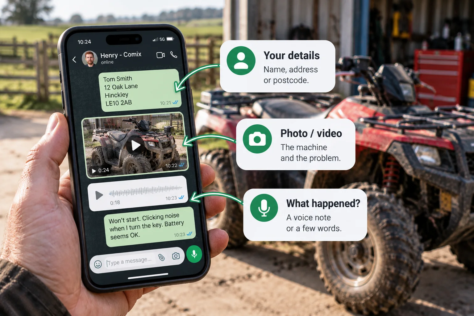 A phone showing a WhatsApp enquiry to Henry with labelled steps: your details, photo or video, and what happened