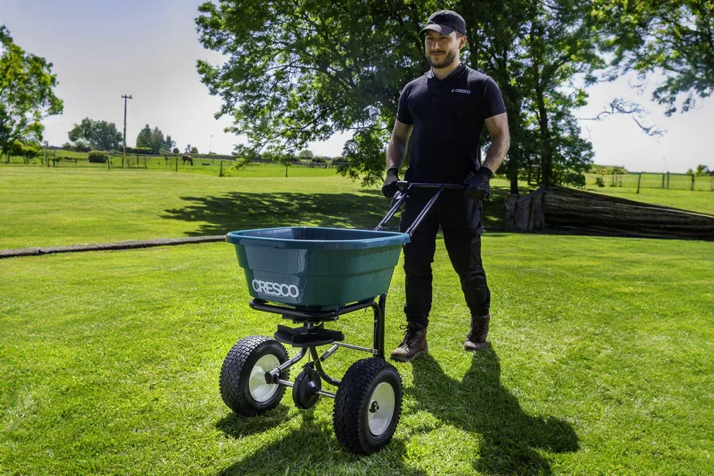 A green Cresco push spreader being walked across a sunlit lawn