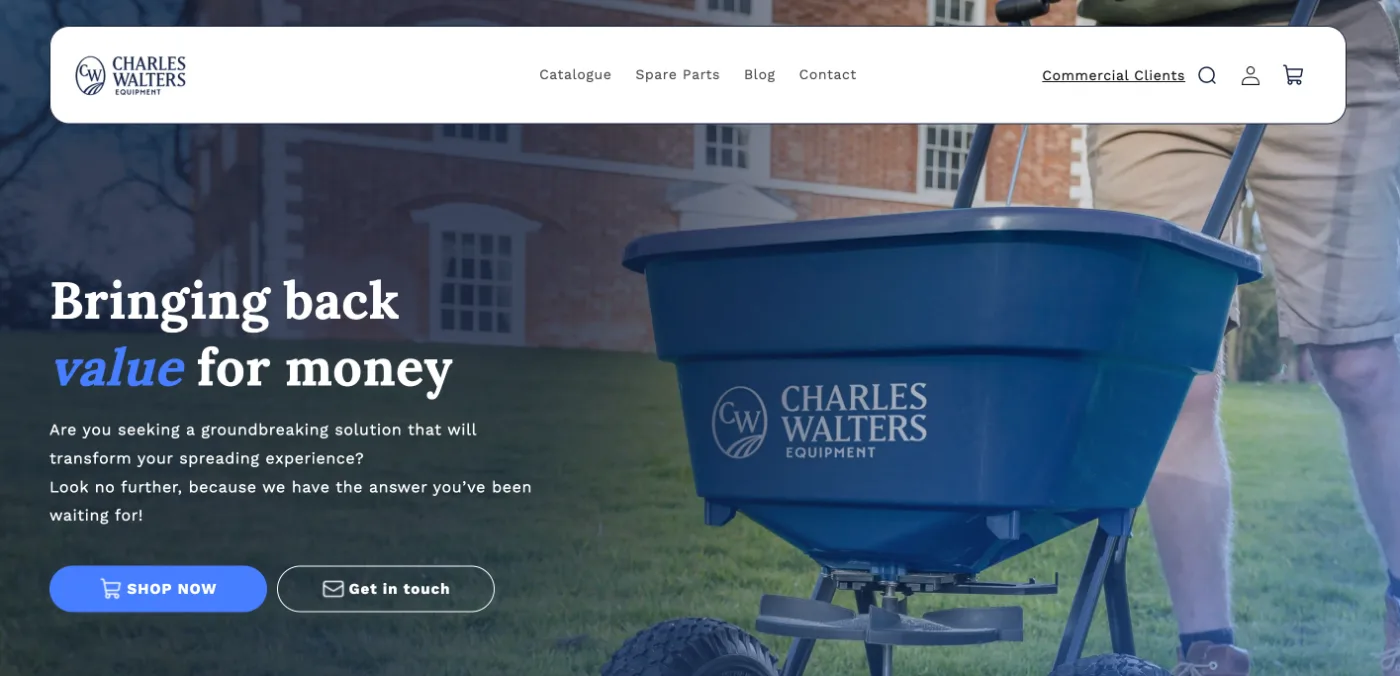 The Charles Walters Equipment website homepage, showing the blue spreader and the headline “Bringing back value for money”