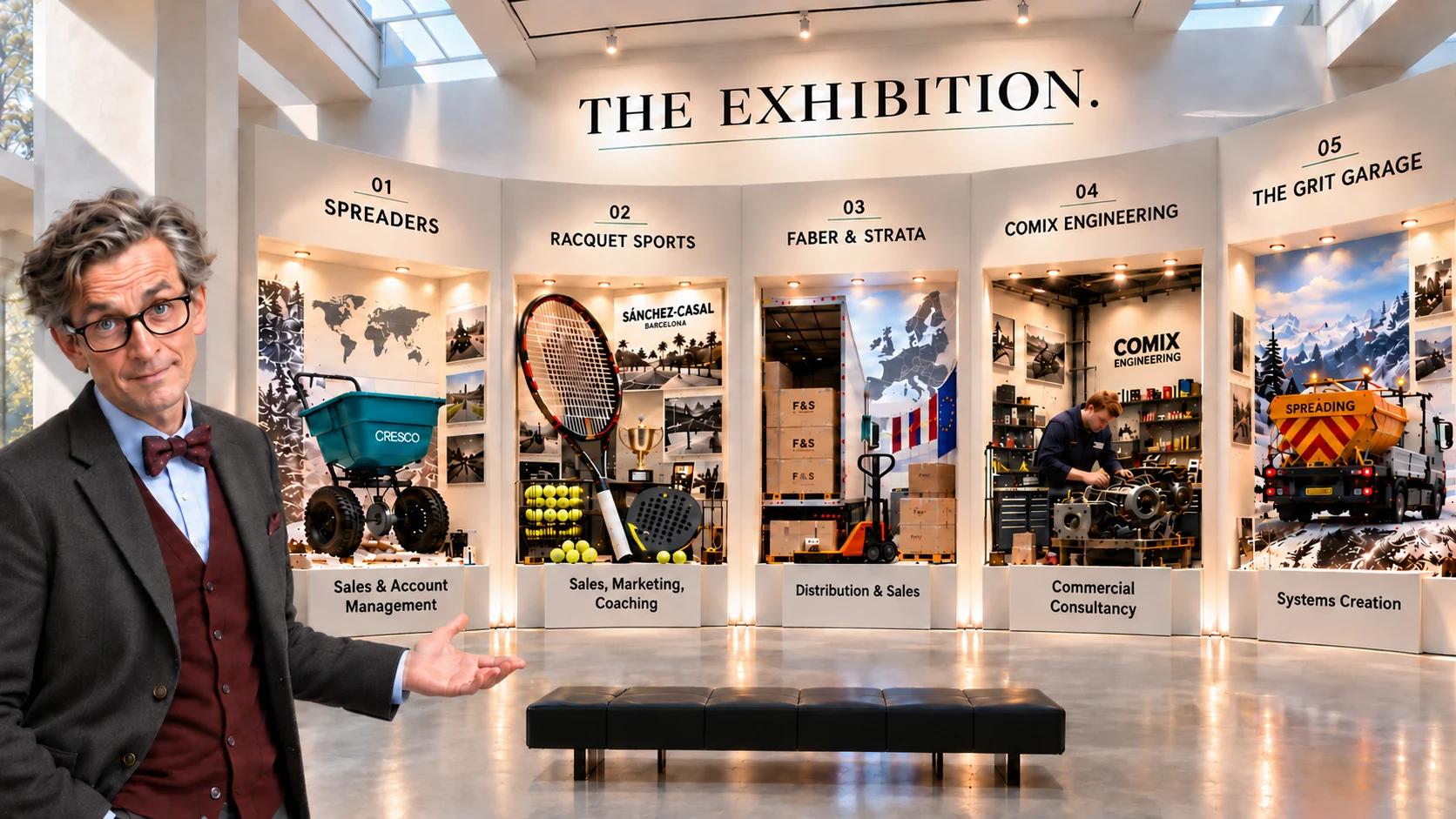 The Exhibition — the curator welcomes you to a white gallery with five exhibits: Spreaders, Racquet Sports, Faber & Strata, Comix Engineering and The Grit Garage
