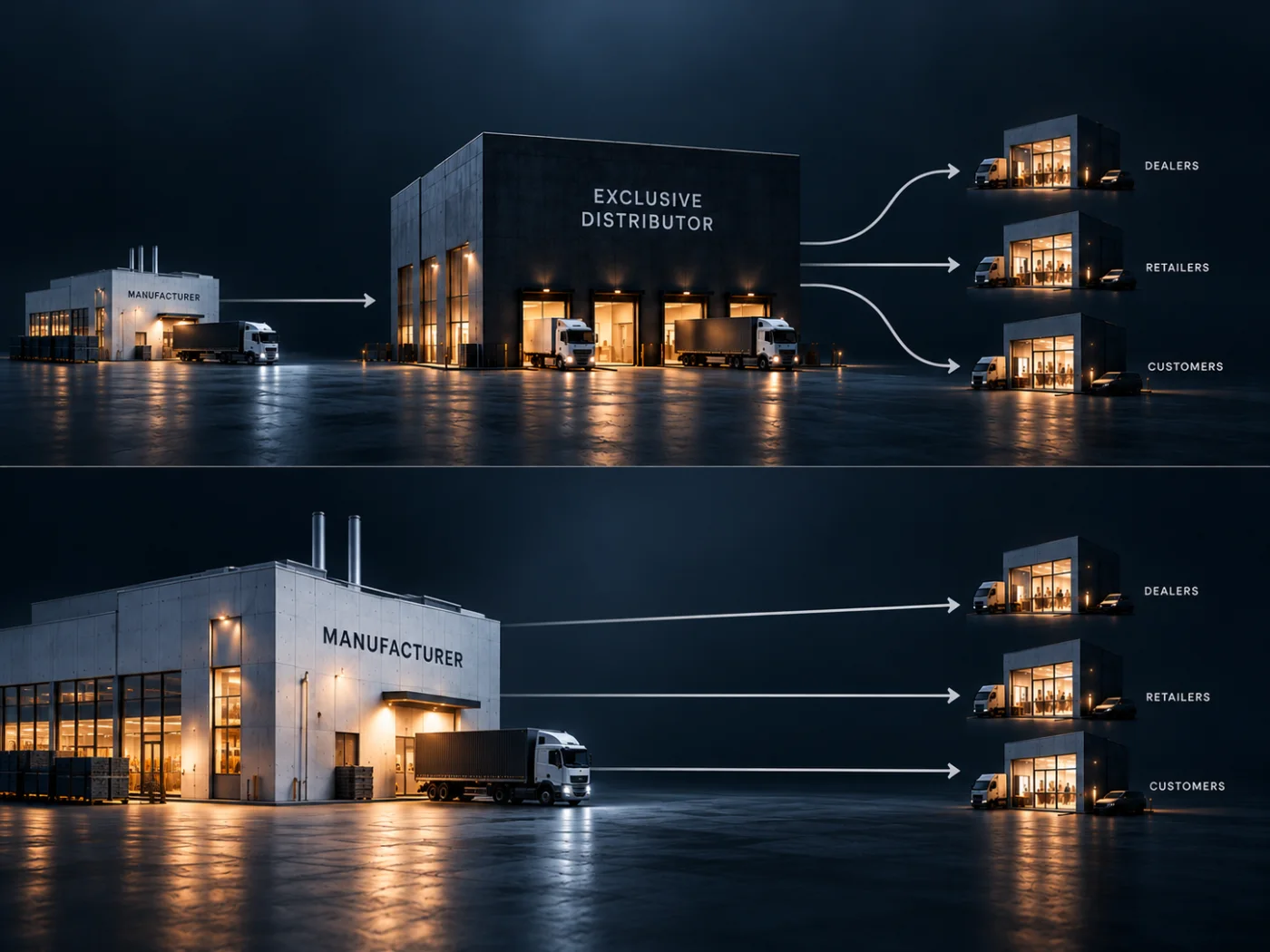 Comparison: a small manufacturer selling through a large exclusive distributor to dealers, retailers and customers, versus a large manufacturer with direct relationships with dealers, retailers and customers
