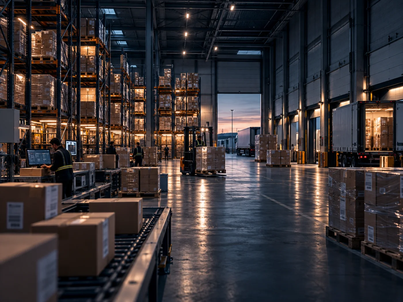 A modern, independent logistics warehouse with racking, pallets and loading bays at dusk