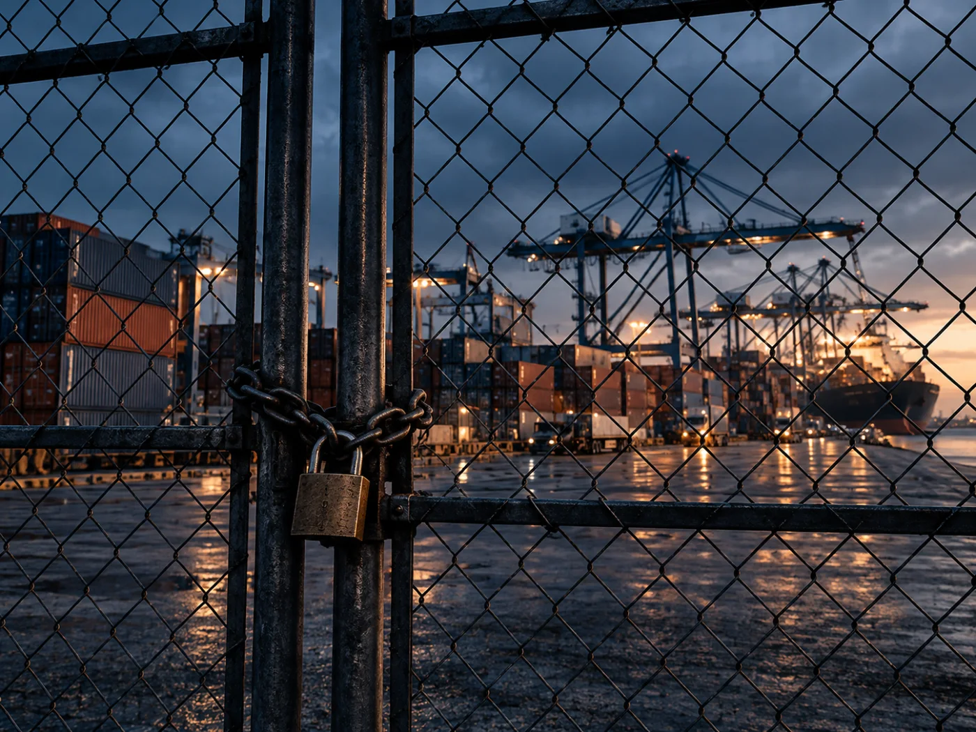 A chained and padlocked gate in front of a container port at dusk