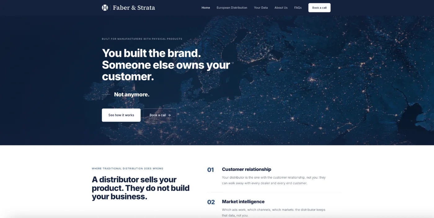 The Faber & Strata website homepage: “You built the brand. Someone else owns your customer. Not anymore.”