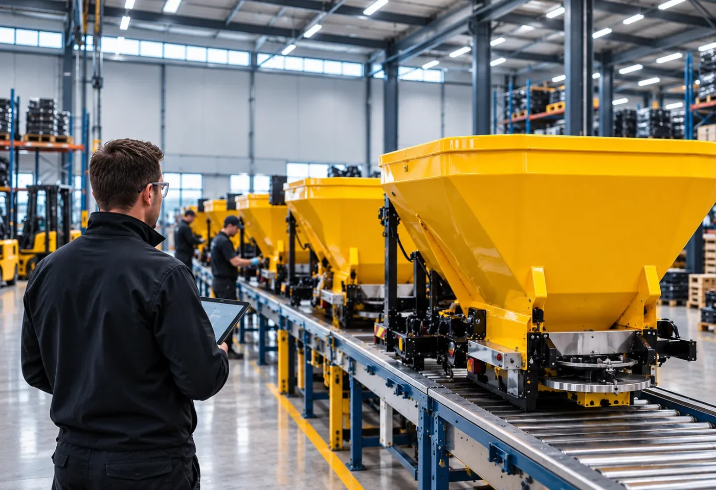 Illustrative scene: yellow gritter hoppers on a manufacturing line