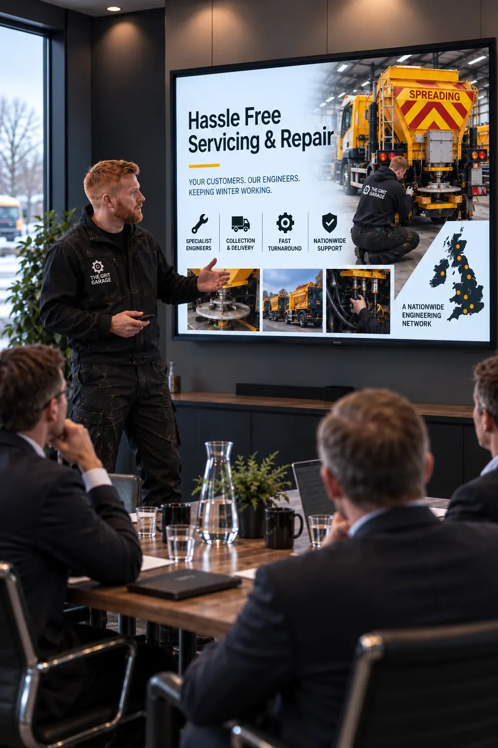 Illustrative concept: a presentation of a nationwide gritter servicing and repair proposition to a meeting room