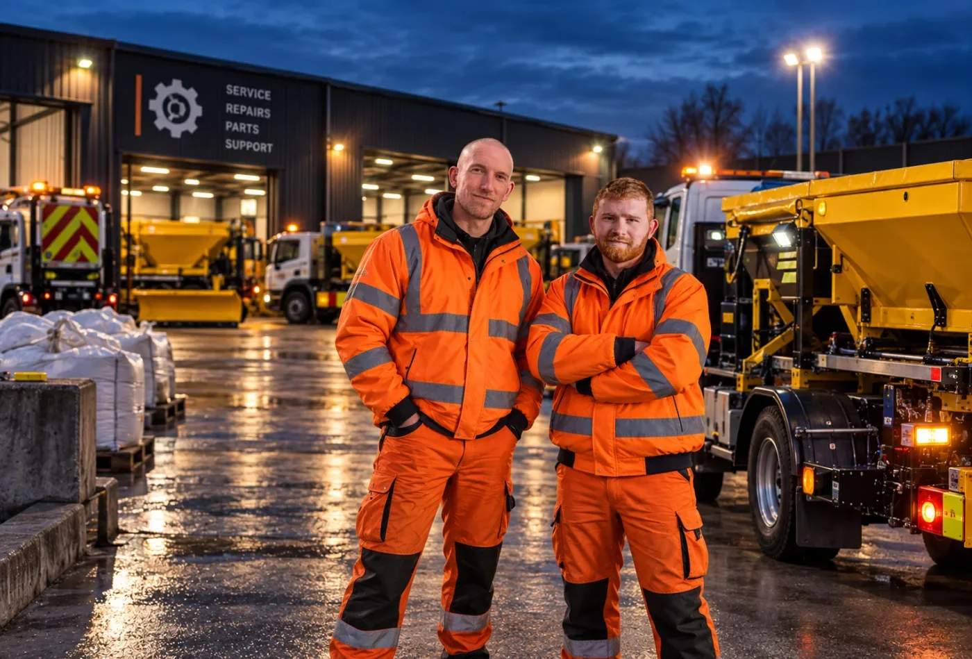 Illustrative scene: two engineers in hi-vis standing in a gritter depot yard at dusk